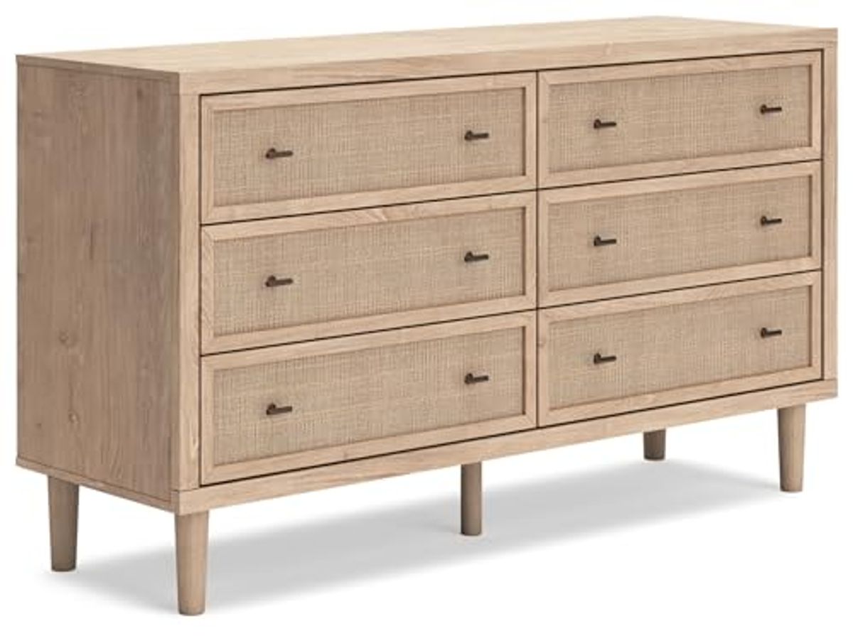 Signature Design by Ashley Cielden Coastal 6-Drawer Dresser with Safety Stop and Textured Cane Details, Light Brown