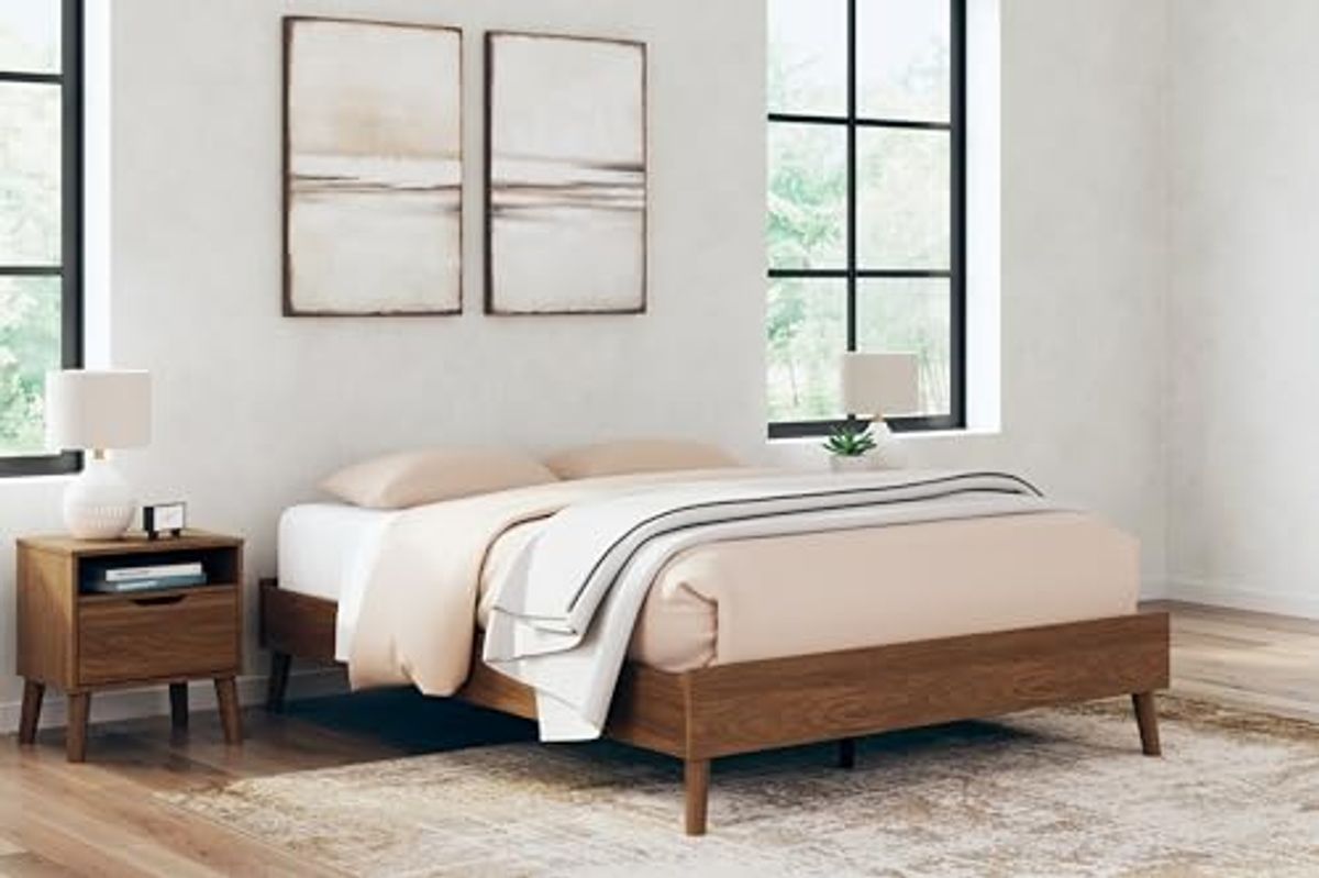 Signature Design by Ashley Fordmont Mid-Century Modern Queen Platform Bed with Metal Slats, No Box Spring Needed, Dark Brown