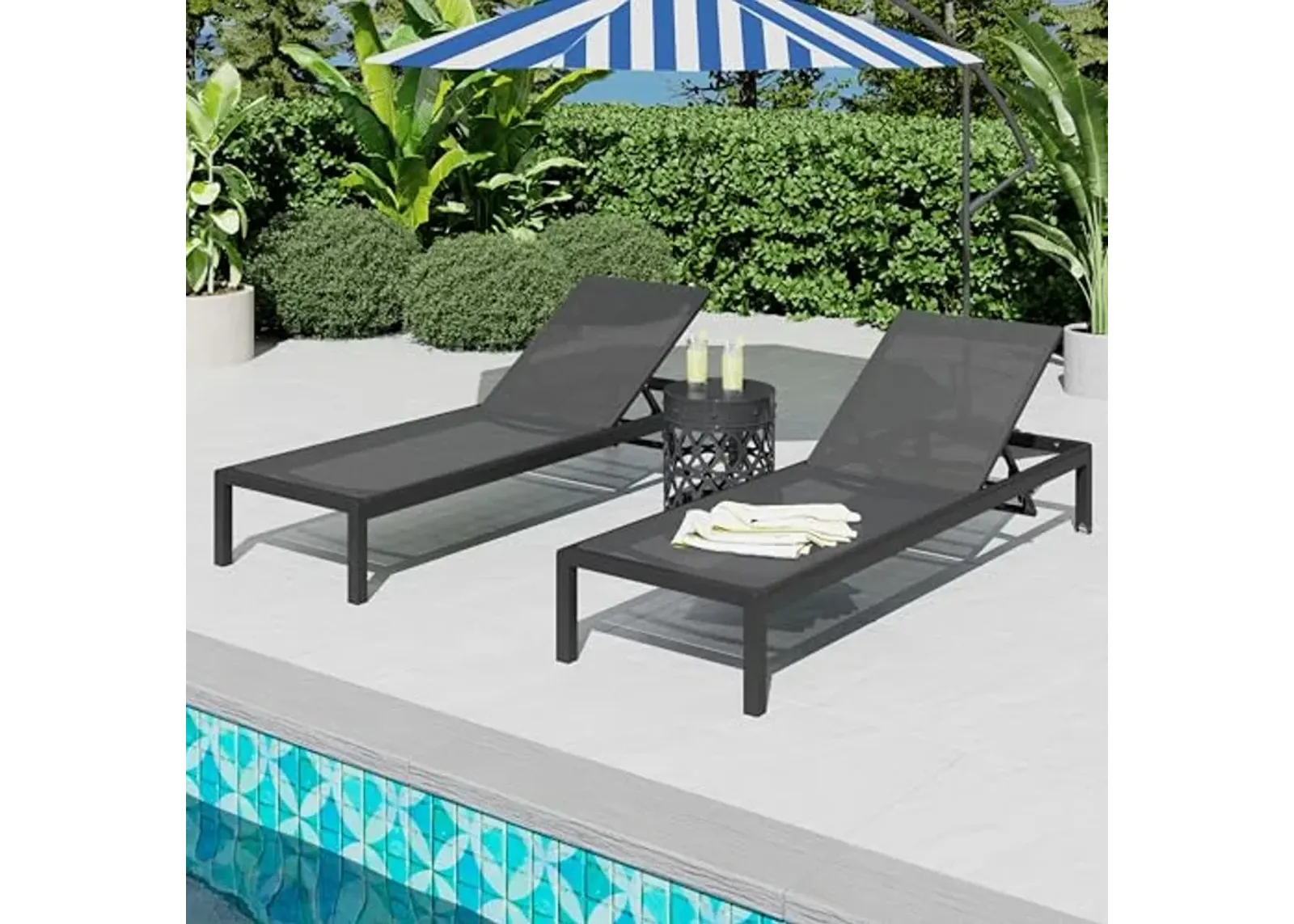 Christopher Knight Home Aluminum Set of 2 Chaise Lounge Chair Outdoor,Patio Mesh Lounge Chair with Adjustable Backrest and Wheels,Full Flat Tanning Chair for Patio,Beach,Pool,Black+Gray