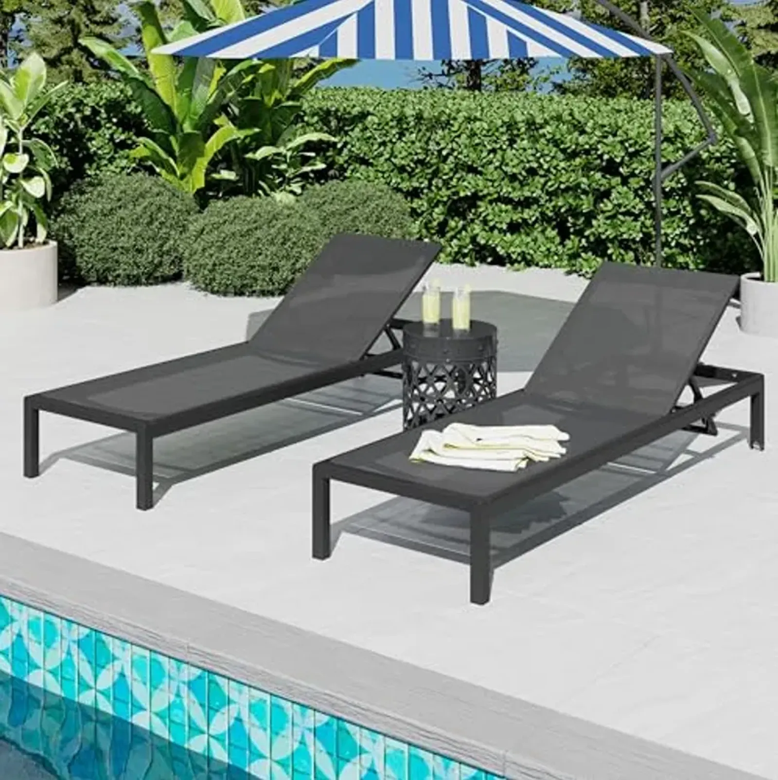 Christopher Knight Home Aluminum Set of 2 Chaise Lounge Chair Outdoor,Patio Mesh Lounge Chair with Adjustable Backrest and Wheels,Full Flat Tanning Chair for Patio,Beach,Pool,Black+Gray