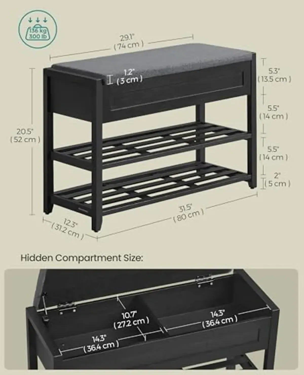 SONGMICS Storage Bench, Shoe Rack, Entryway Furniture, 31.5 Inces Wide, Hidden Storage Compartments, 2-Tier Shoe Shelves, for Entryway, Hallway, Living Room, Bedroom, Dorm, Ink Black ULSB056B01