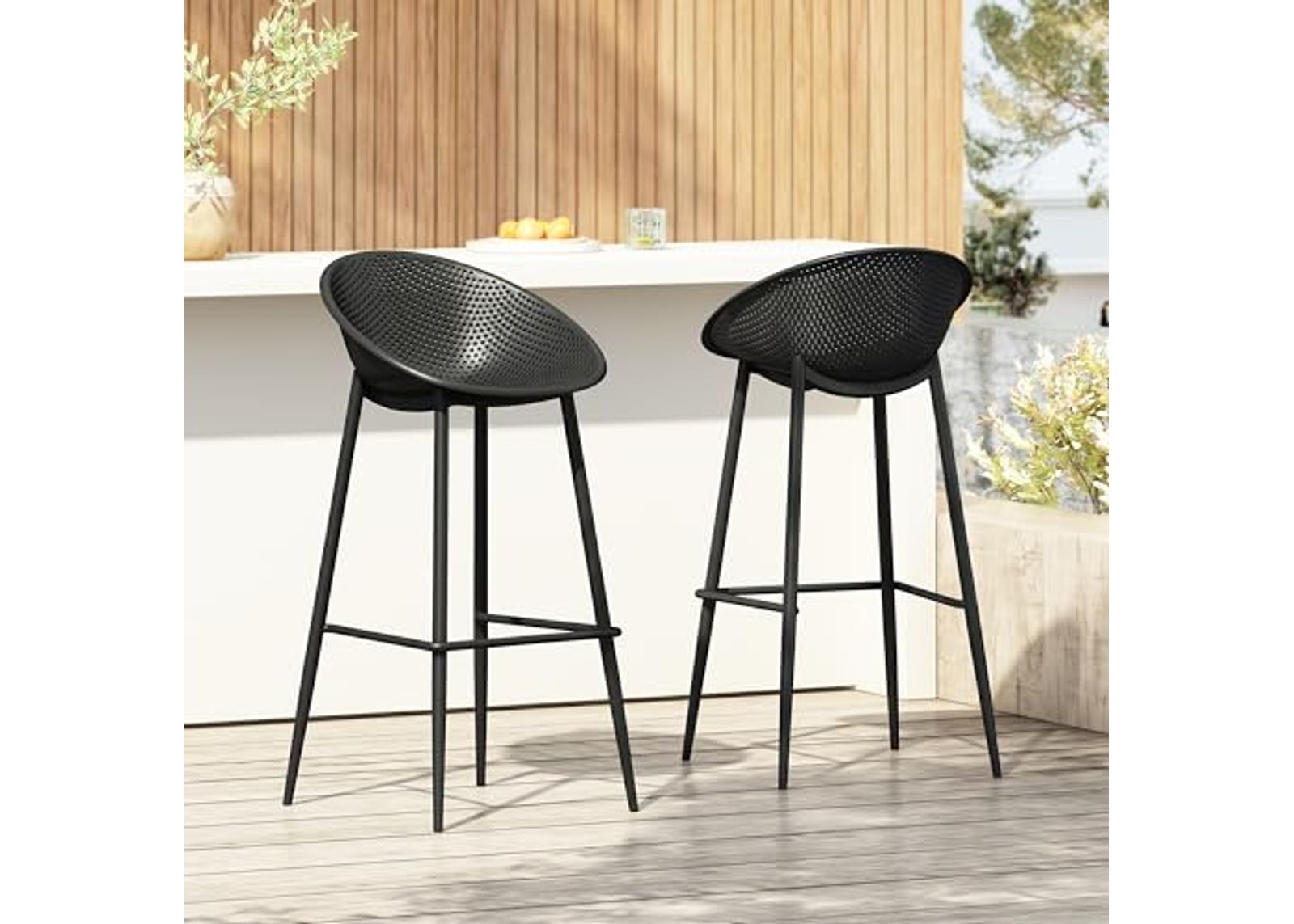 Christopher Knight Home Modern Black Barstools Set of 2 – Minimalist Outdoor Seating– Lightweight Patio Chairs with Mesh Design for Garden, Balcony, or Backyard