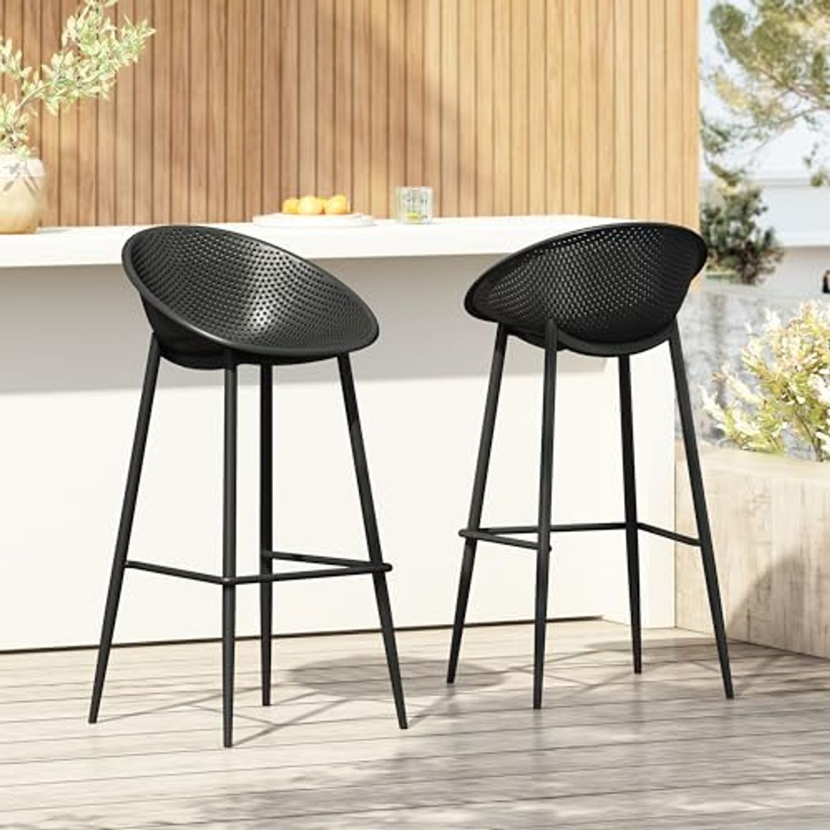 Christopher Knight Home Modern Black Barstools Set of 2 – Minimalist Outdoor Seating– Lightweight Patio Chairs with Mesh Design for Garden, Balcony, or Backyard