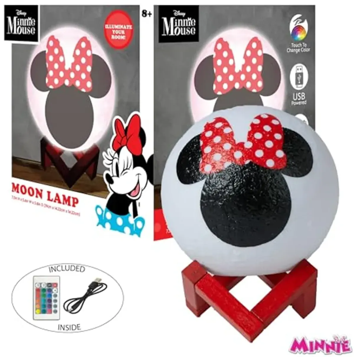 Idea Nuova Disney Minnie Mouse 6" LED Color Changing Moon Light,Battery or USB Operated