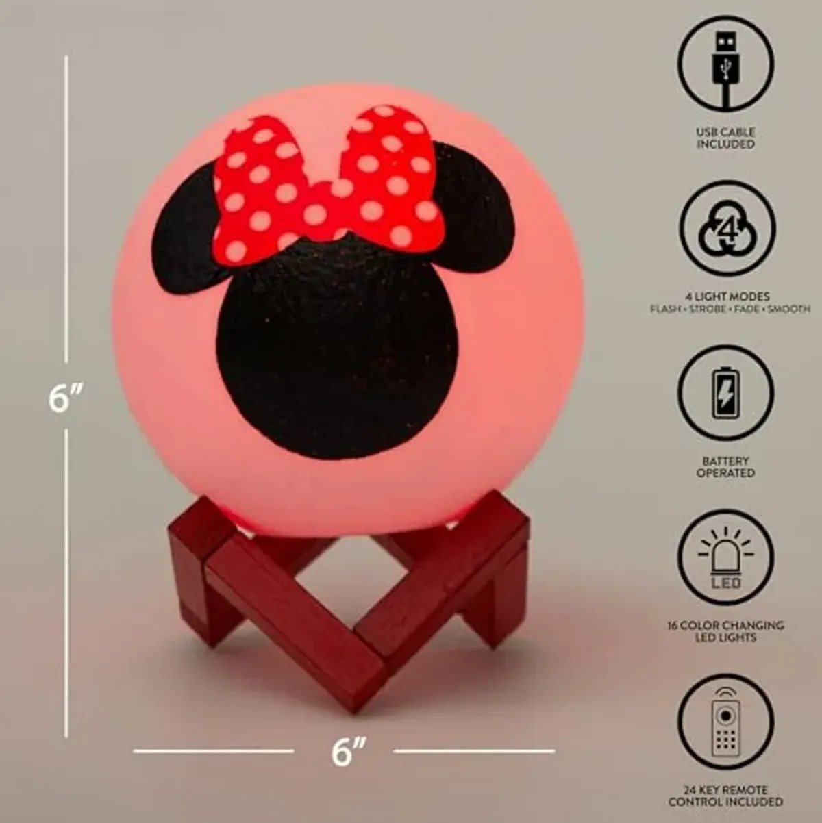 Idea Nuova Disney Minnie Mouse 6" LED Color Changing Moon Light,Battery or USB Operated