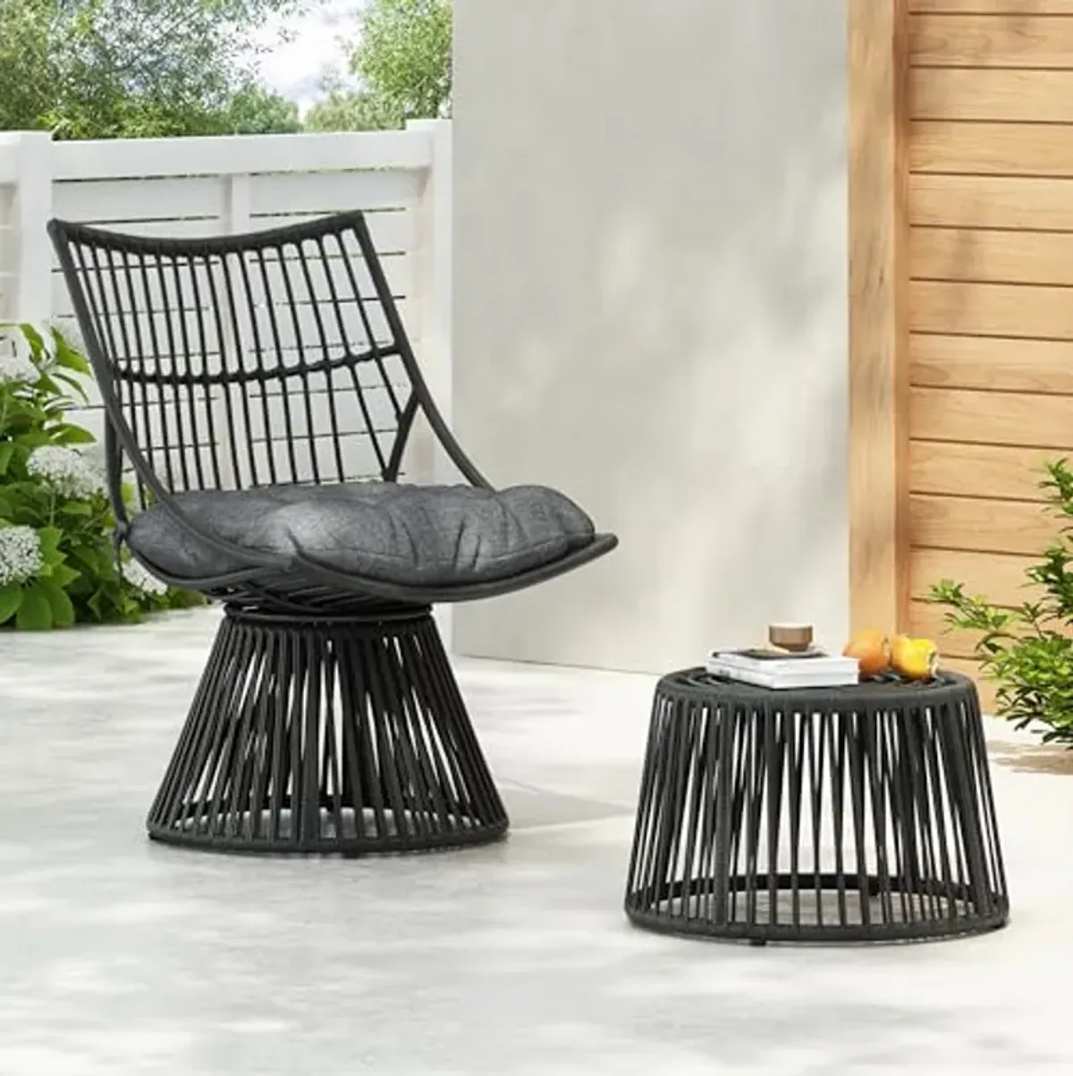 Christopher Knight Home Outdoor 2 Piece Wicker Patio Furniture Set, Woven Seating Accent Chair,Rattan Chat Set with Club Chair, Side Table and Water Resistant Cushion for Yard and Bistro, Dark Grey