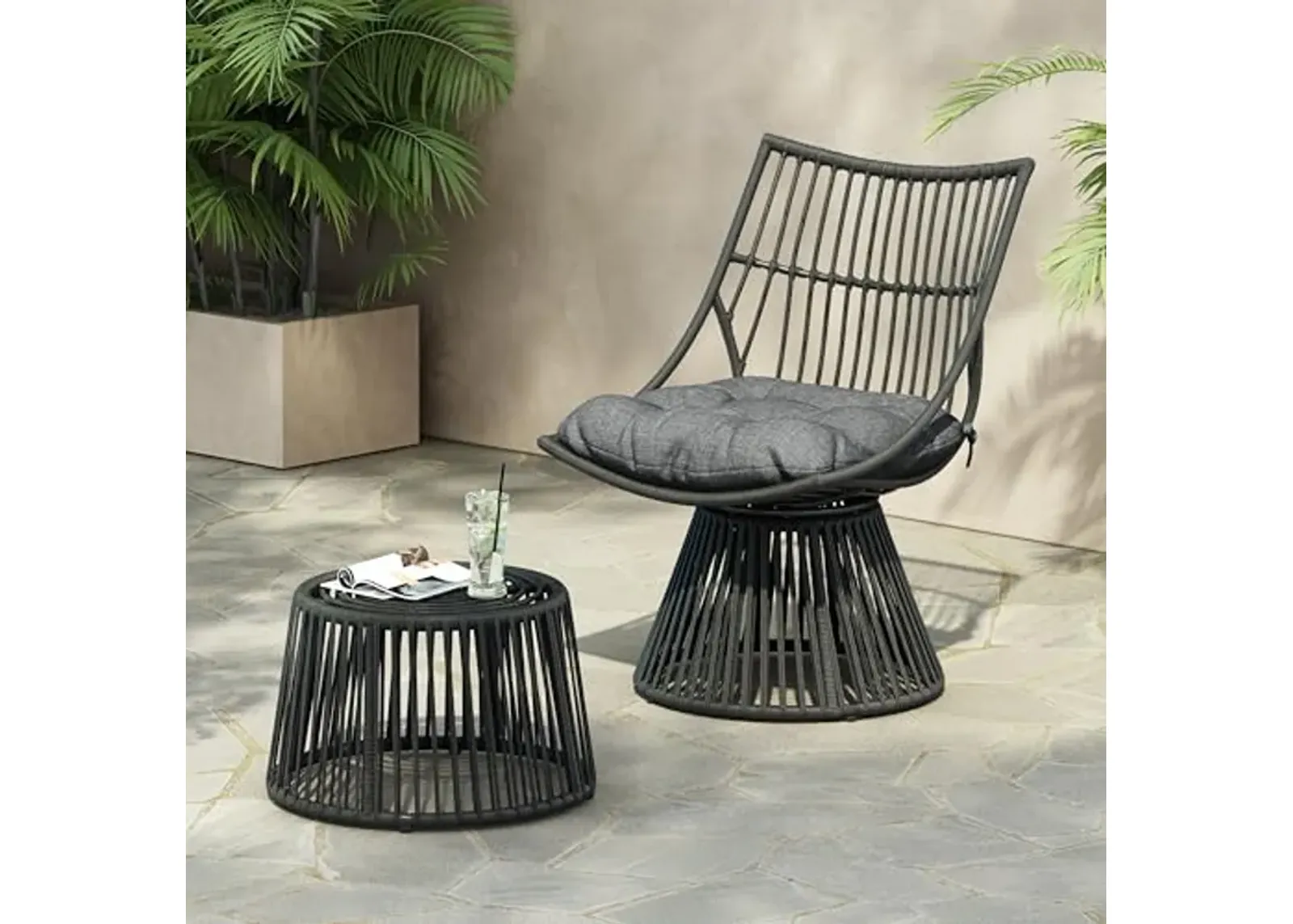 Christopher Knight Home Outdoor 2 Piece Wicker Patio Furniture Set, Woven Seating Accent Chair,Rattan Chat Set with Club Chair, Side Table and Water Resistant Cushion for Yard and Bistro, Dark Grey