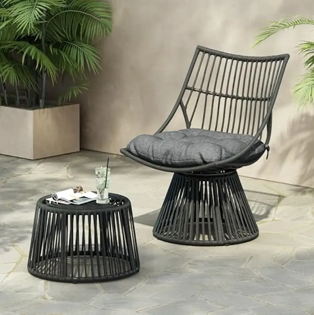 Christopher Knight Home Outdoor 2 Piece Wicker Patio Furniture Set,Rattan Chat Set with Club Chair, Side Table and Water Resistant Cushion for Yard and Bistro, Dark Grey