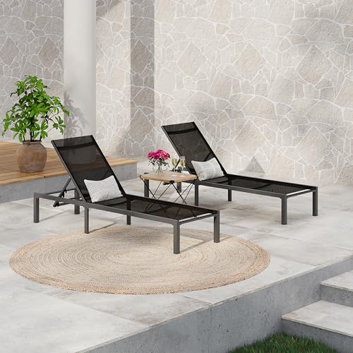 Christopher Knight Home Perlas Outdoor Patio Aluminum Adjustable Chaise Lounge with Fabric Seating Set of 2, Black