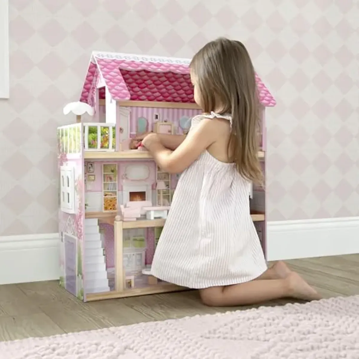 Delta Children Little Gem Dollhouse - 3-Story Dollhouse with 4 Rooms - Includes 16 Accessories - Fits 5-inch Dolls - Pretend Play Dream Gift for Ages 3+