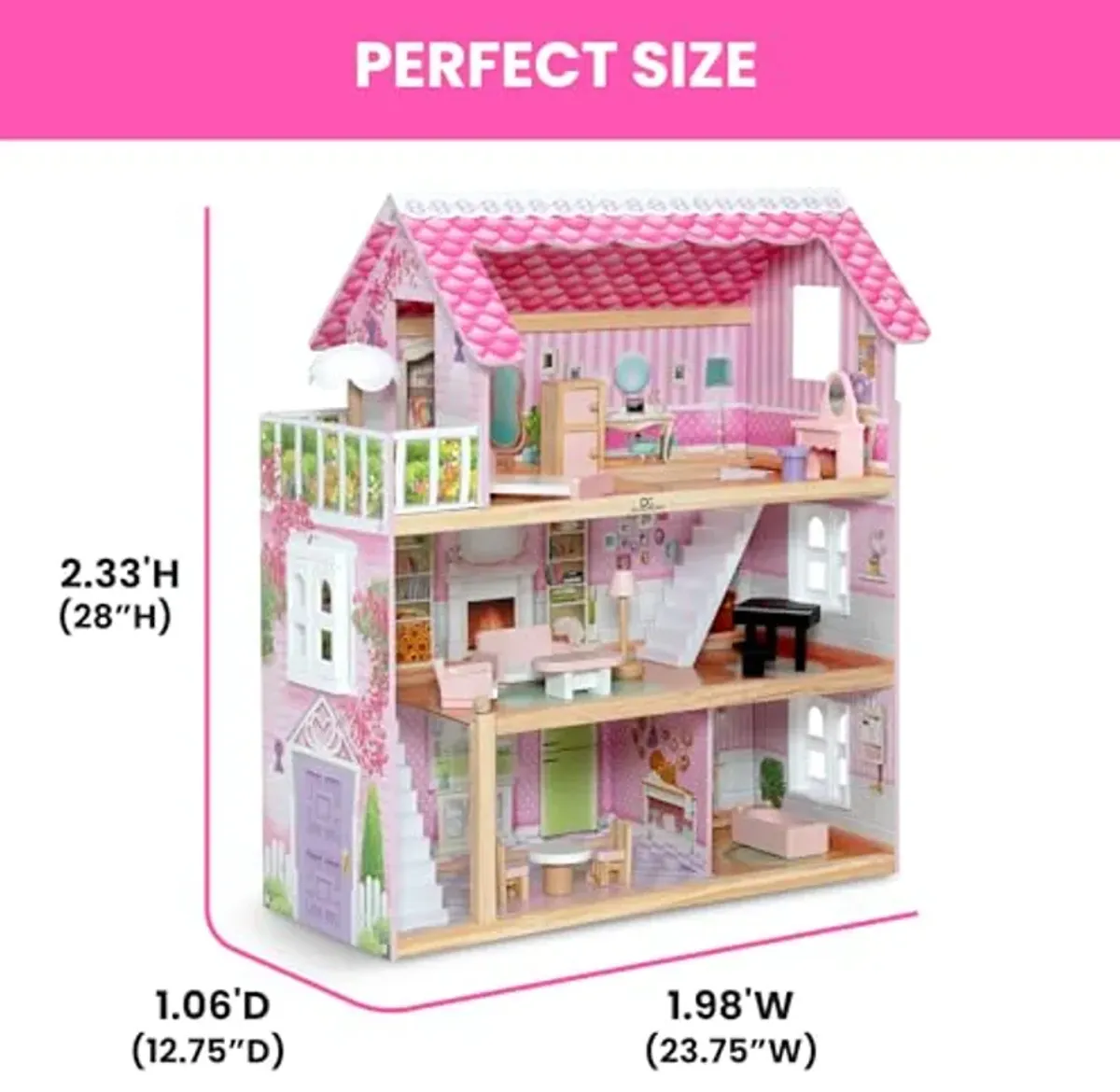 Delta Children Little Gem Dollhouse - 3-Story Dollhouse with 4 Rooms - Includes 16 Accessories - Fits 5-inch Dolls - Pretend Play Dream Gift for Ages 3+