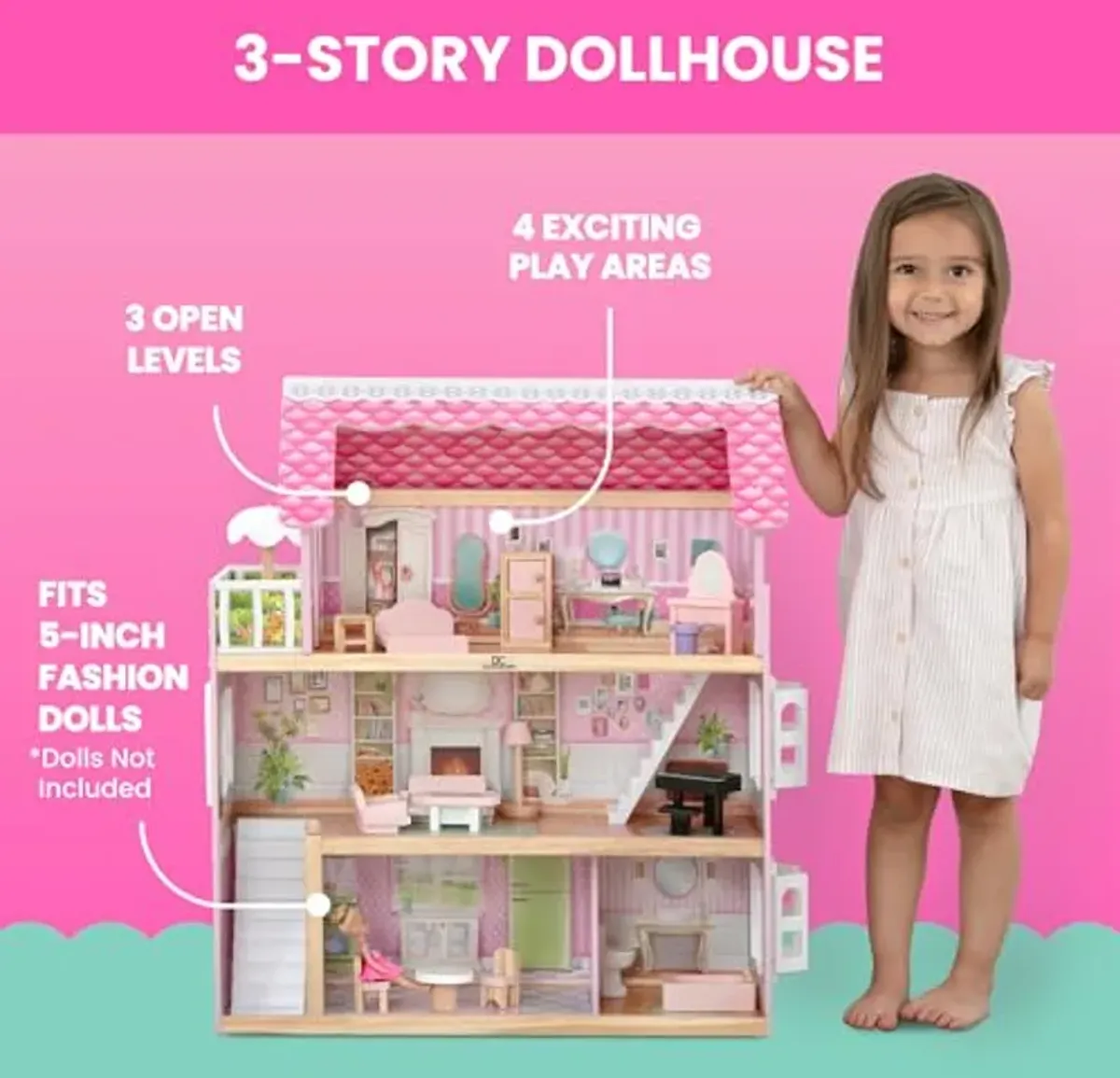 Delta Children Little Gem Dollhouse - 3-Story Dollhouse with 4 Rooms - Includes 16 Accessories - Fits 5-inch Dolls - Pretend Play Dream Gift for Ages 3+