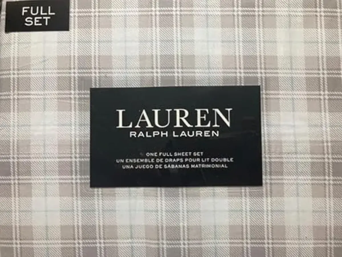 Lauren Ralph Lauren Kenley Plaid 4 pc Full Sheet Set Grey Gray Plaid on Cream Blue