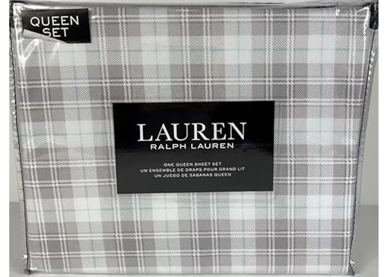 Lauren Ralph Lauren Kenley Plaid 4 pc Queen Sheet Set Grey Gray Plaid on Cream Blue