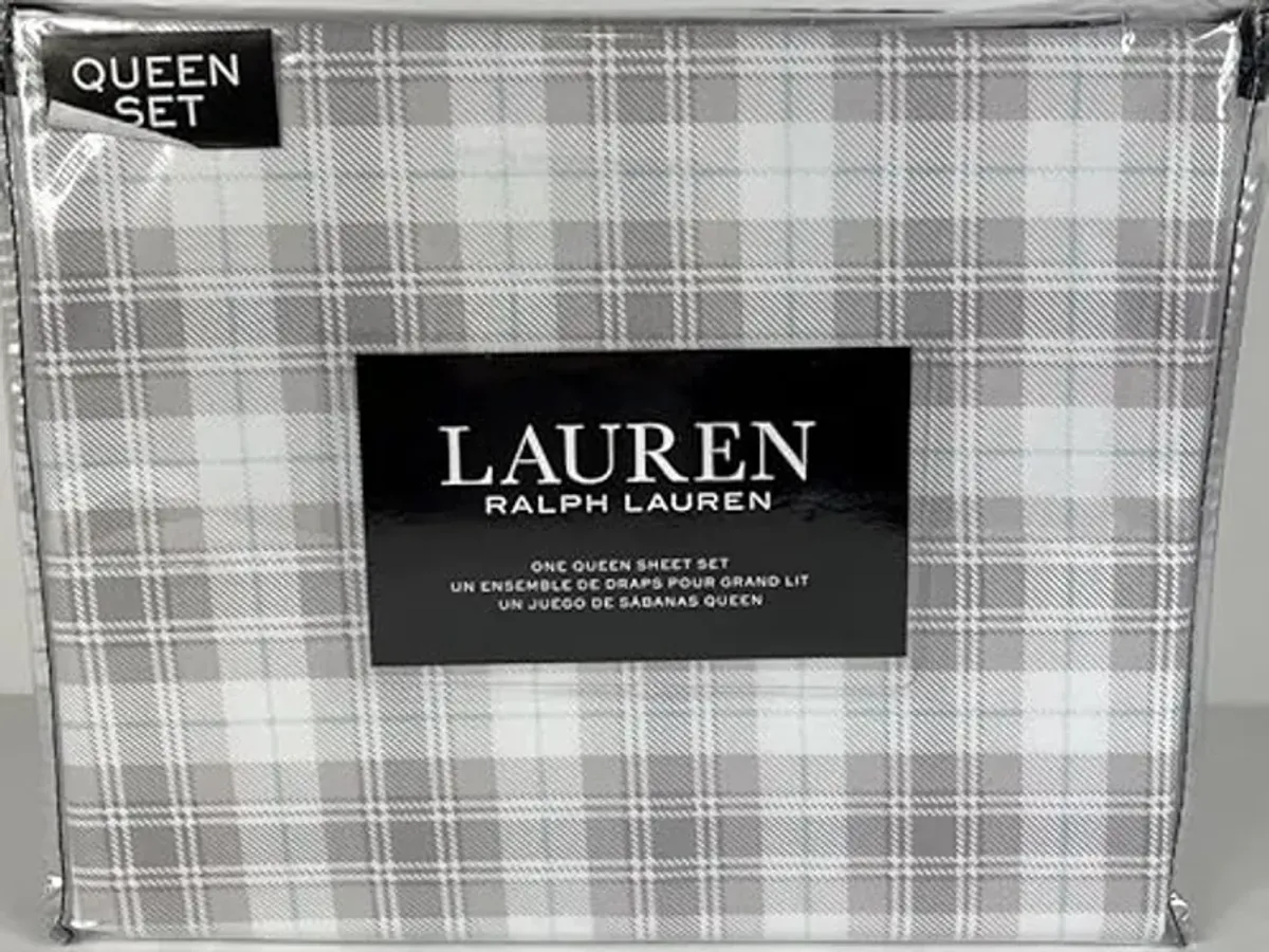 Lauren Ralph Lauren Kenley Plaid 4 pc Queen Sheet Set Grey Gray Plaid on Cream Blue