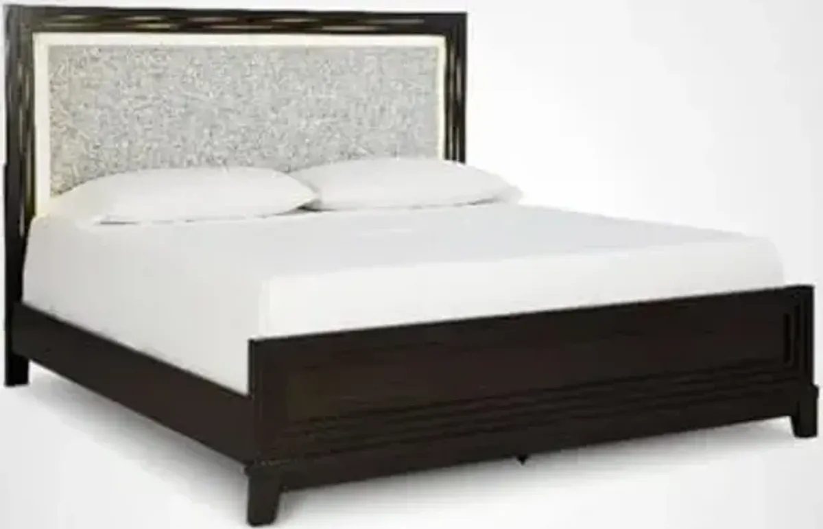 Signature Design by Ashley Neymorton Contemporary Stain Resistant Upholstered Panel Headboard with LED Lighting and USB Ports, King/California King, Light Gray & Dark Brown