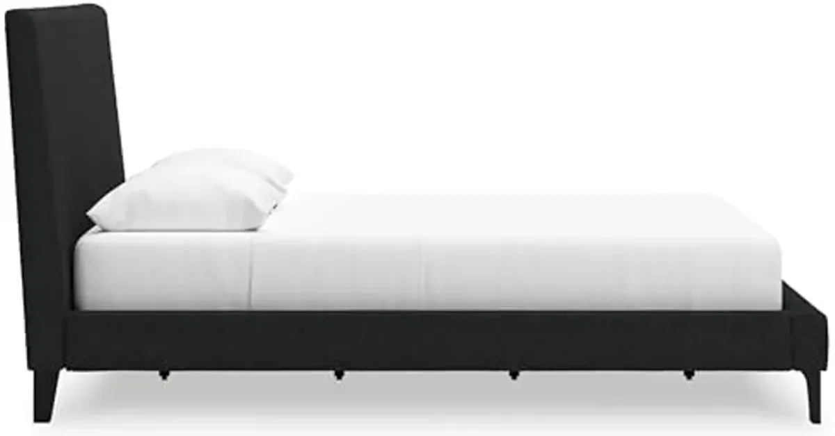 Signature Design by Ashley Cadmori Modern Queen Upholstered Platform Bed with Wood Roll Slats, No Box Spring Needed, Black