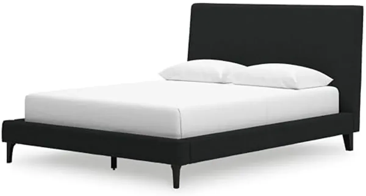 Signature Design by Ashley Cadmori Modern Queen Upholstered Platform Bed with Wood Roll Slats, No Box Spring Needed, Black