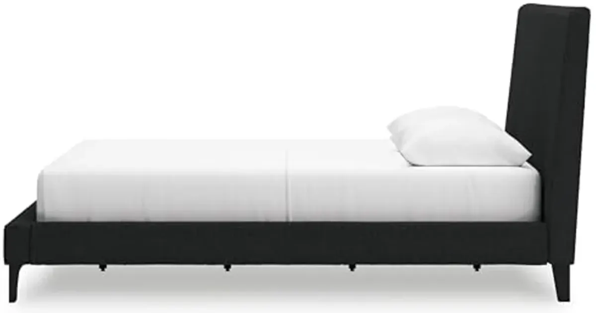 Signature Design by Ashley Cadmori Modern Queen Upholstered Platform Bed with Wood Roll Slats, No Box Spring Needed, Black