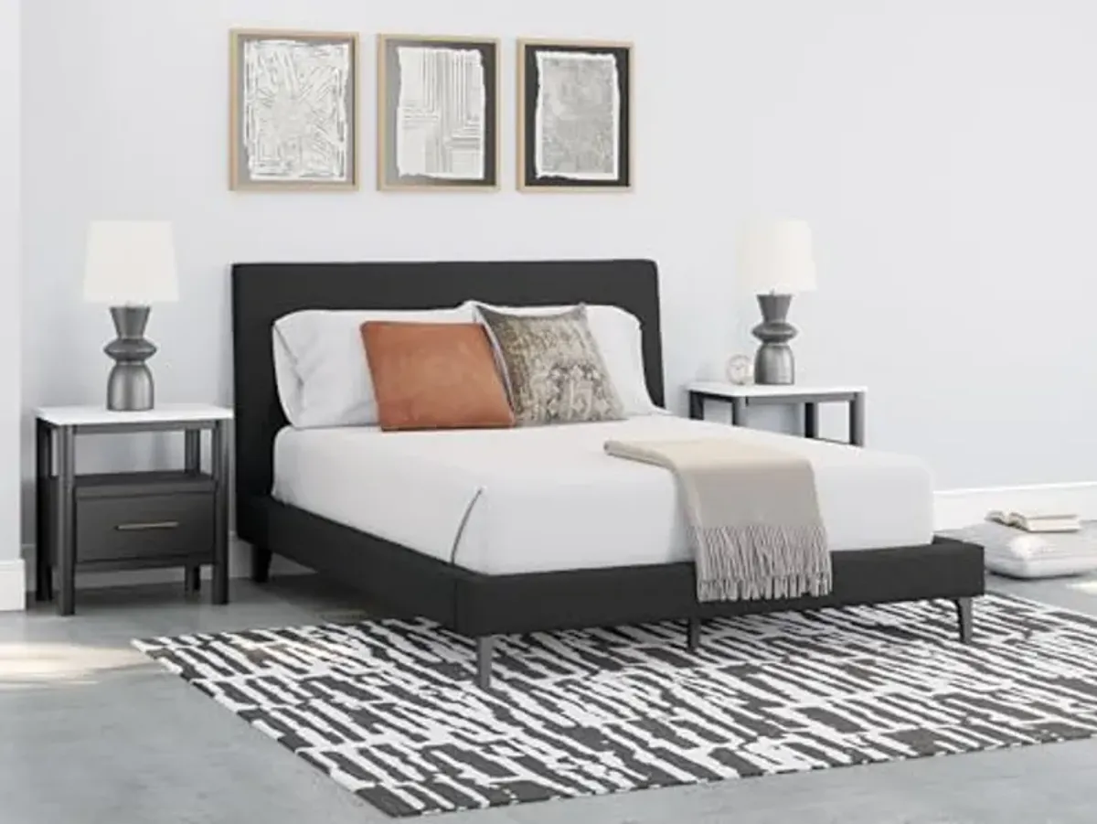 Signature Design by Ashley Cadmori Modern Queen Upholstered Platform Bed with Wood Roll Slats, No Box Spring Needed, Black