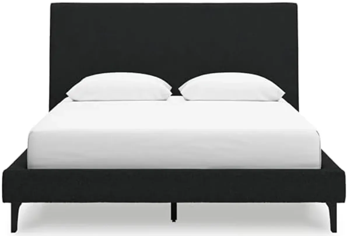 Signature Design by Ashley Cadmori Modern Queen Upholstered Platform Bed with Wood Roll Slats, No Box Spring Needed, Black