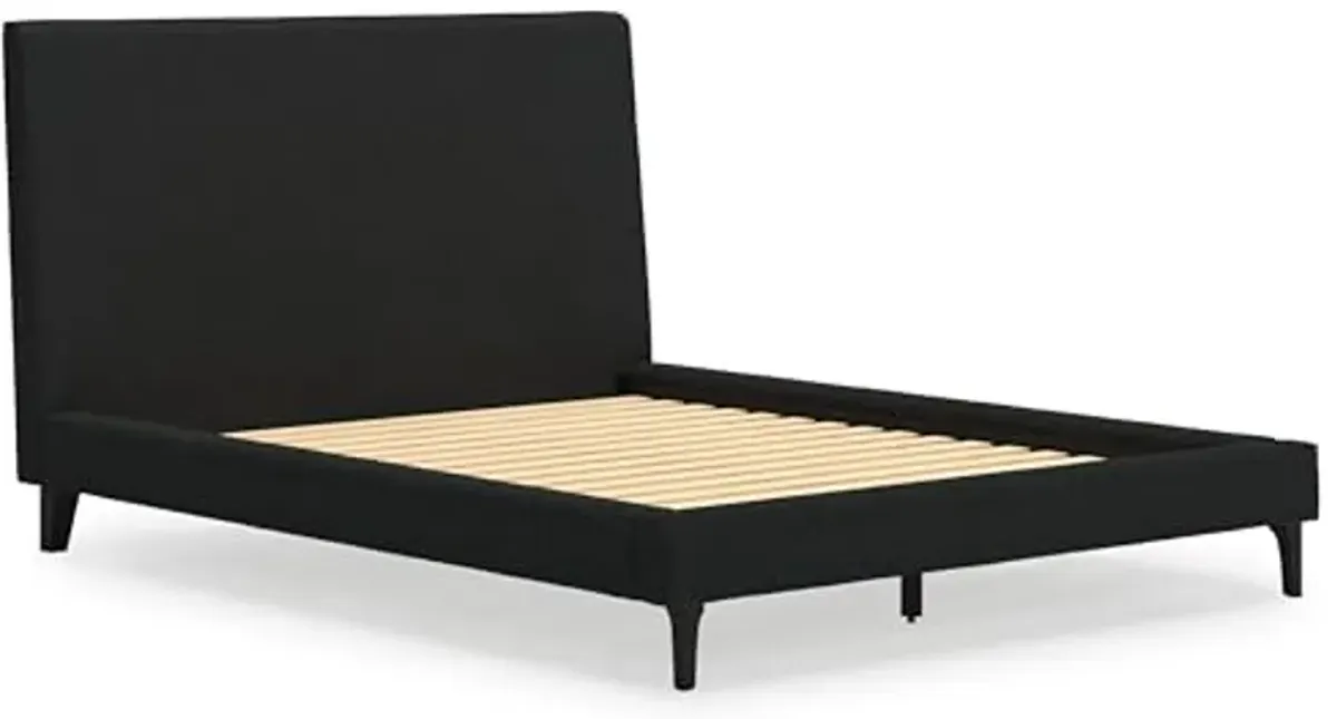 Signature Design by Ashley Cadmori Modern Queen Upholstered Platform Bed with Wood Roll Slats, No Box Spring Needed, Black