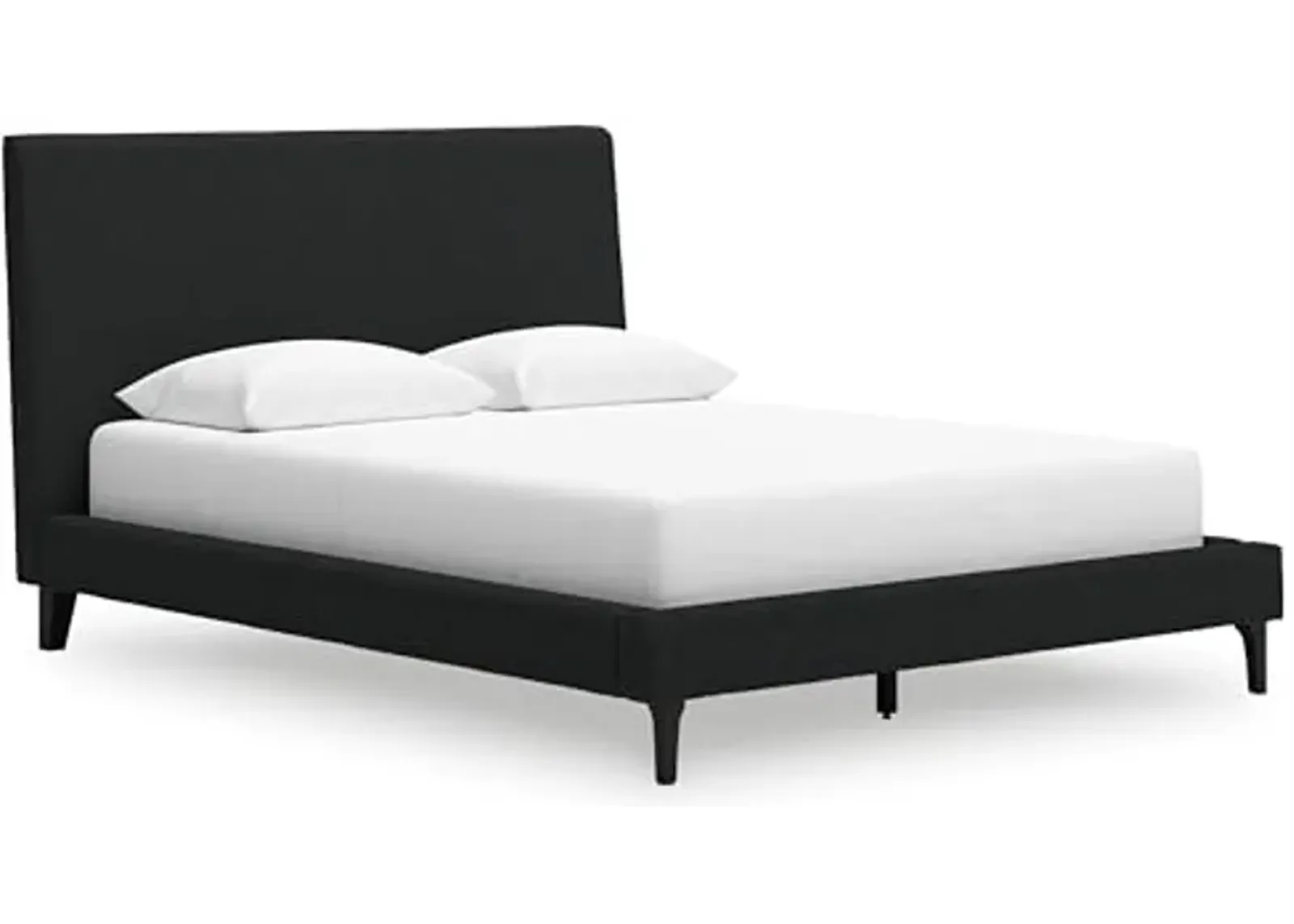 Signature Design by Ashley Cadmori Modern Queen Upholstered Platform Bed with Wood Roll Slats, No Box Spring Needed, Black