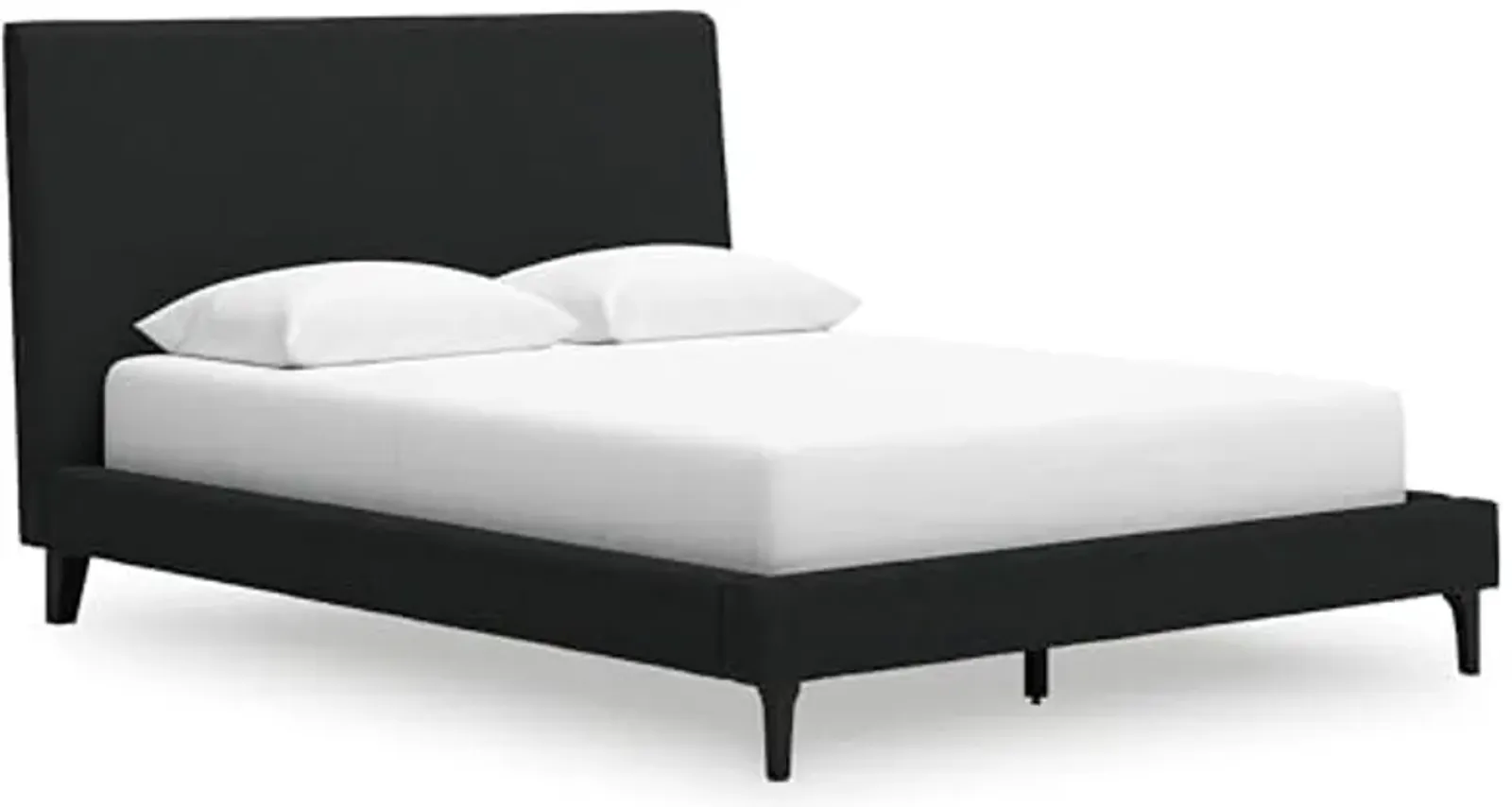 Signature Design by Ashley Cadmori Modern Queen Upholstered Platform Bed with Wood Roll Slats, No Box Spring Needed, Black