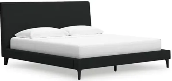 Signature Design by Ashley Cadmori Modern King Upholstered Platform Bed with Wood Roll Slats, No Box Spring Needed, Black