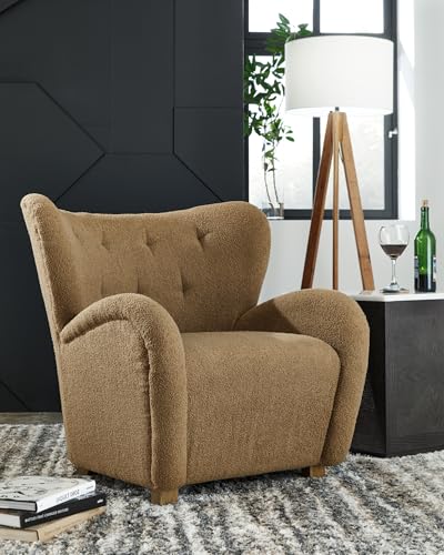 Signature Design by Ashley Larbell Contemporary Faux Shearling Tufted Upholstered Accent Chair with Wingback, Light Brown