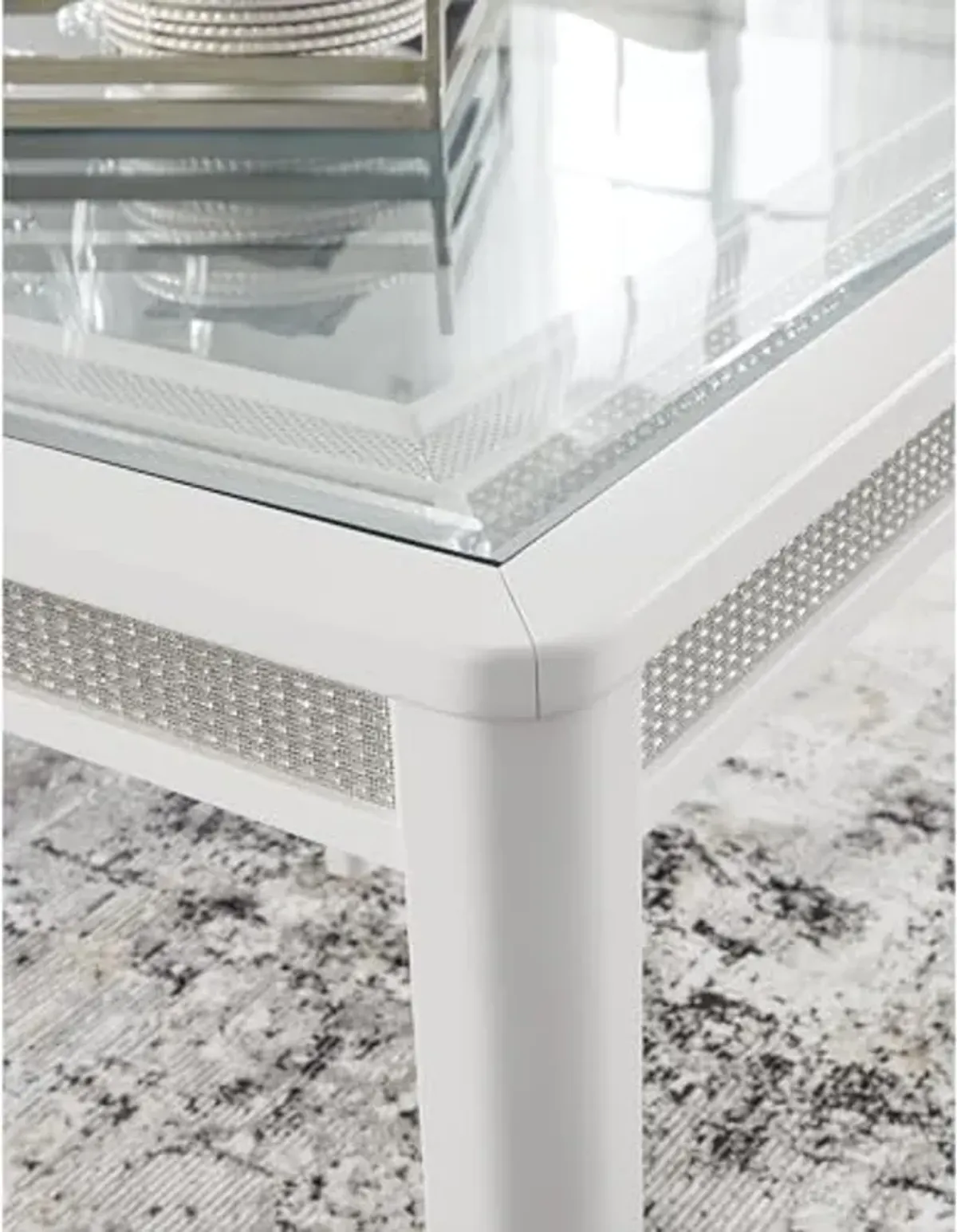 Signature Design by Ashley Chalanna Contemporary Dining Extension Table with 4 Legs and Rhinestone Accent Trim, White