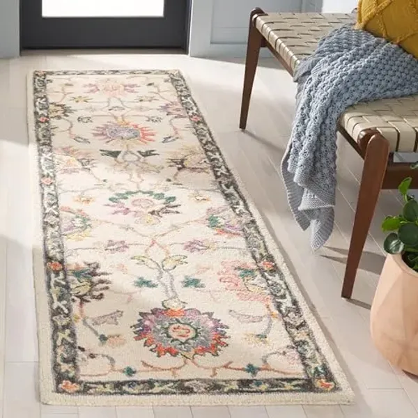 SAFAVIEH Blossom Collection Area Rug - 2'3" x 8' Runner, Beige/Lavender, Geometric Design, Ideal for High Traffic Areas in Living Room, Bedroom, Dining (BLM471B)