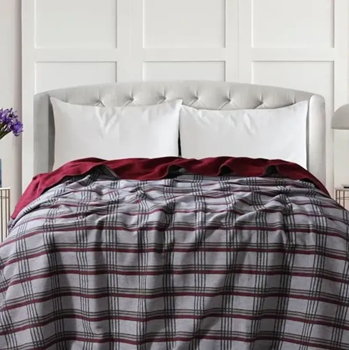 Tribeca Living Cotton Acrylic King Reversible Blanket, Soft and Cozy, Yarn Dyed, Fade Resistant, Plaid Deep Red