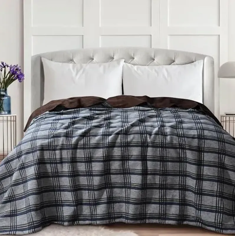 Tribeca Living Plaid Blanket King Size - German-Made Reversible Blanket with Cotton Acrylic Blend - Soft and Cozy Yarn Dyed for All Seasons in Plaid Dune