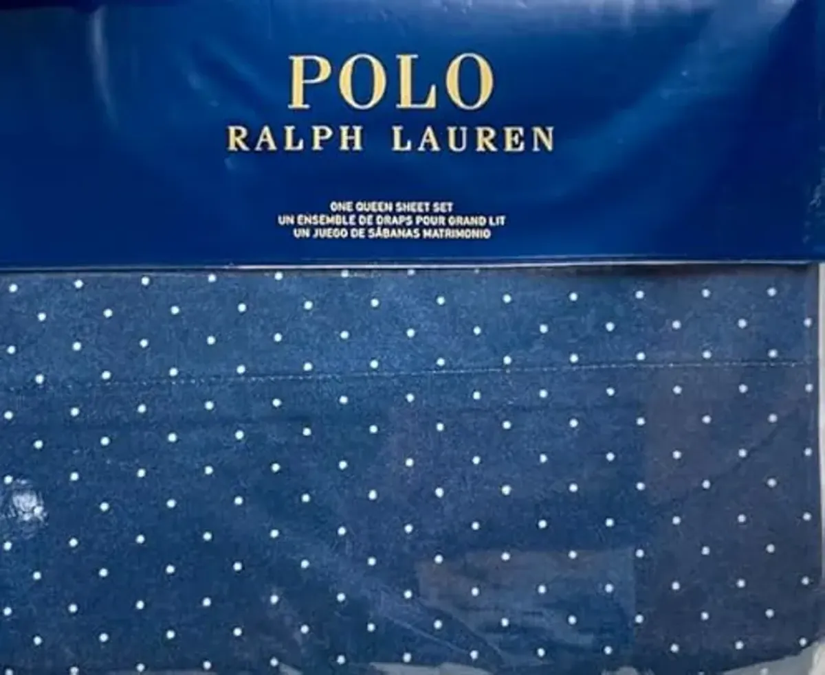 POLO Ralph Lauren Sommerville White dots Navy Blue Ground 100% Thick Crisp Cotton Sheet Set (Queen (U.S. Standard))