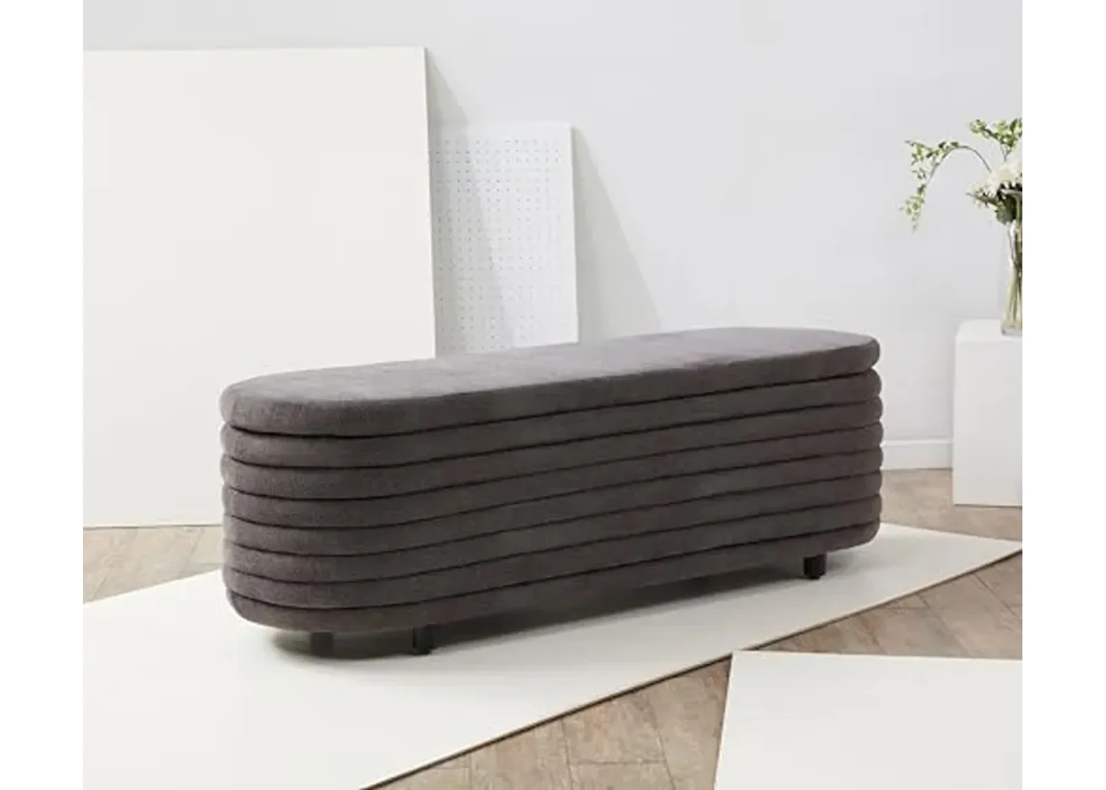 SAFAVIEH Couture Collection Jaymie Charcoal Boucle/Black Channel Tufted Oval Storage Bench