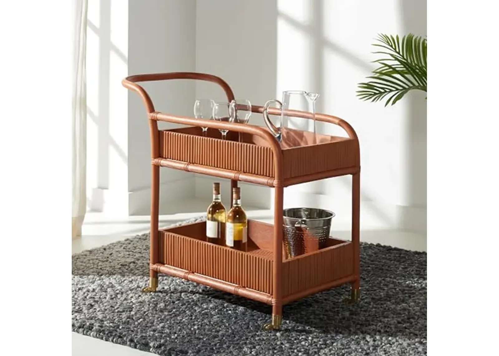 SAFAVIEH Couture Collection Barnette Amber Brown Rattan Pole 2-Tier Bar Cart with Wheels (Fully Assembled)