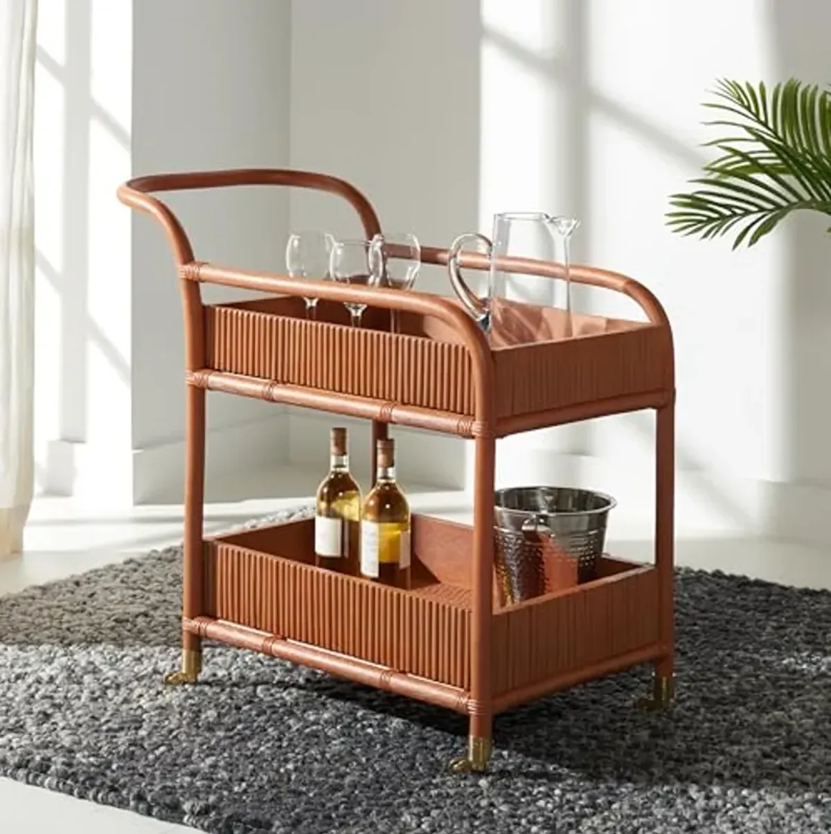 SAFAVIEH Couture Collection Barnette Amber Brown Rattan Pole 2-Tier Bar Cart with Wheels (Fully Assembled)