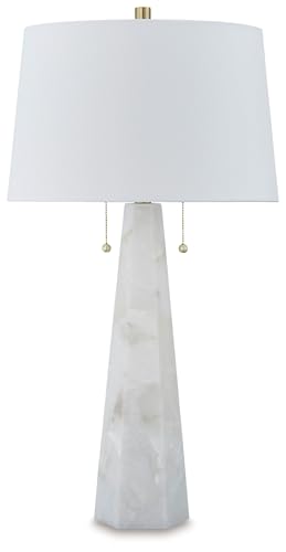 Signature Design by Ashley Laurellen Minimalist Resin and Alabaster Table Lamp with 2 Sockets and Pull Chain Switch, White