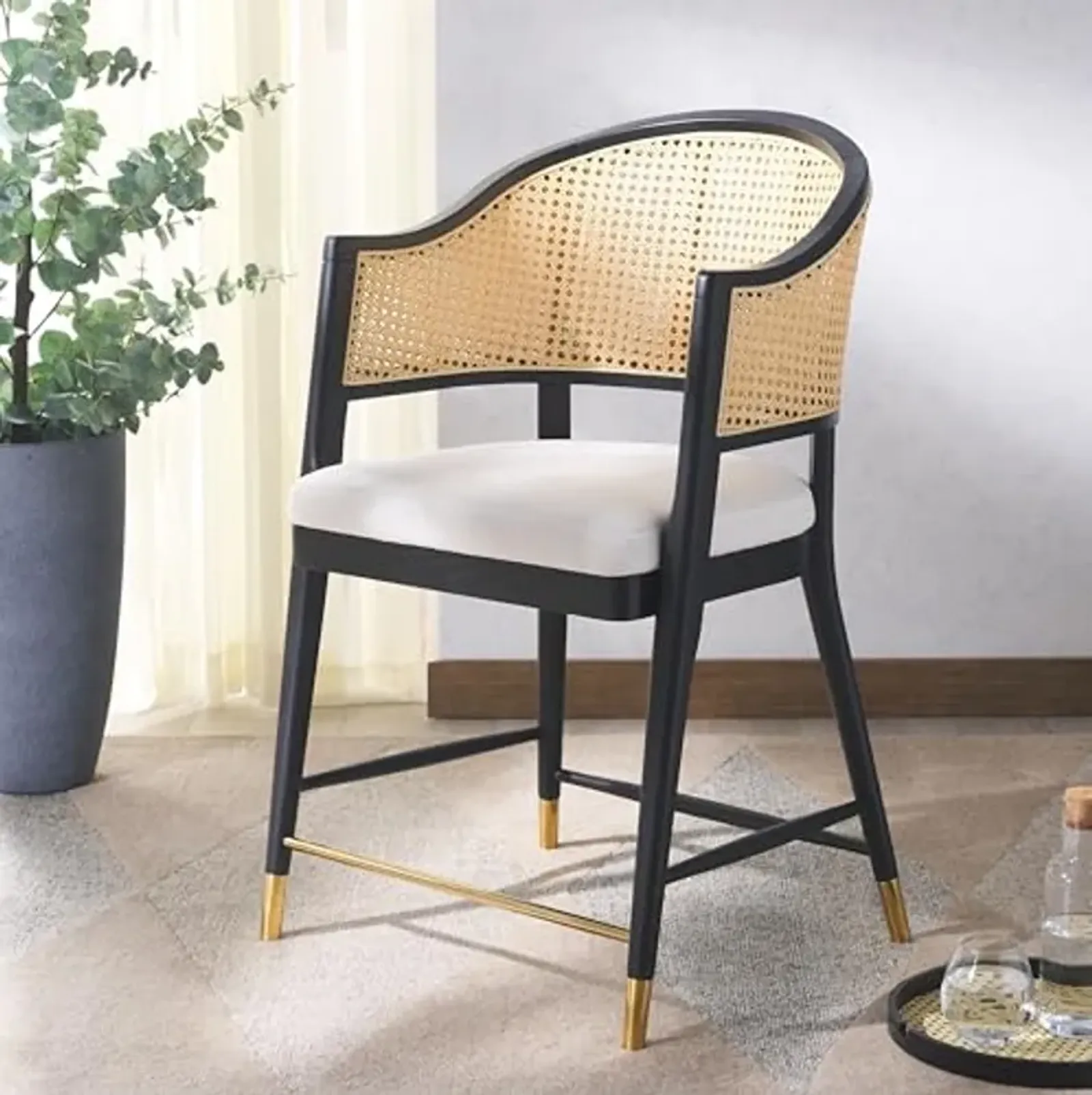 SAFAVIEH Couture Collection Rogue Black/Natural Rattan 23-inch Seat Height Counter Stool (Fully Assembled)