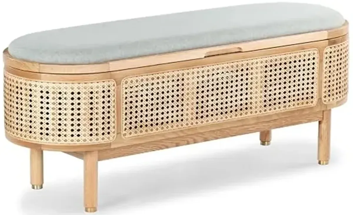 SAFAVIEH Couture Collection Dolly Coastal Natural Cane/Grey Linen Cushion Seat Oval Storage Bench