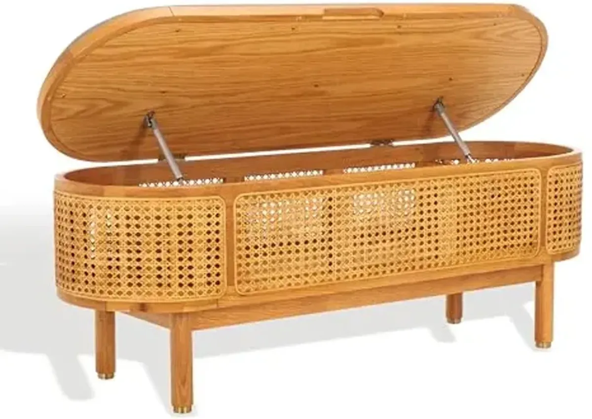 SAFAVIEH Couture Collection Dolly Coastal Natural Cane/Grey Linen Cushion Seat Oval Storage Bench