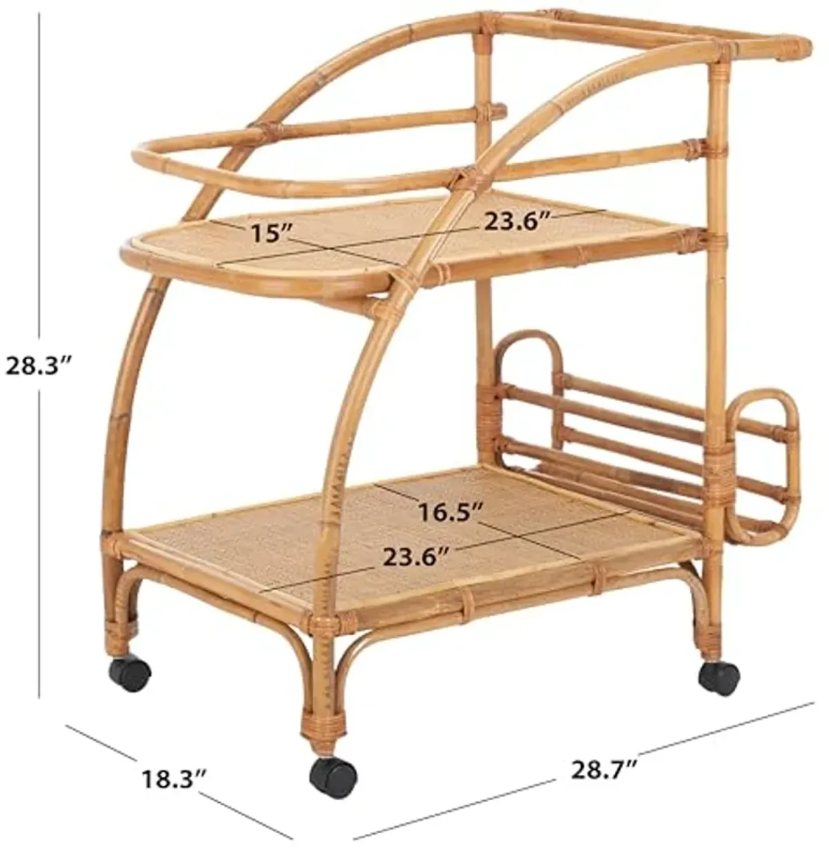 SAFAVIEH Home Collection Treise Tropical Coastal Natural Rattan 2-Tier Bar Cart with Wheels (Fully Assembled)