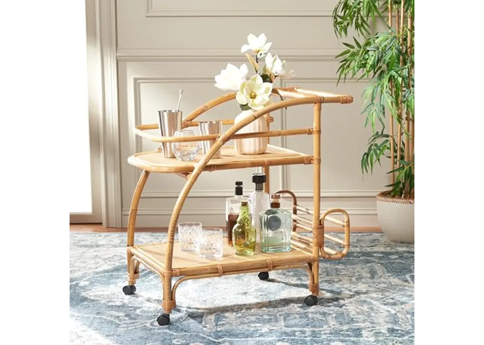 SAFAVIEH Home Collection Treise Tropical Coastal Natural Rattan 2-Tier Bar Cart with Wheels (Fully Assembled)