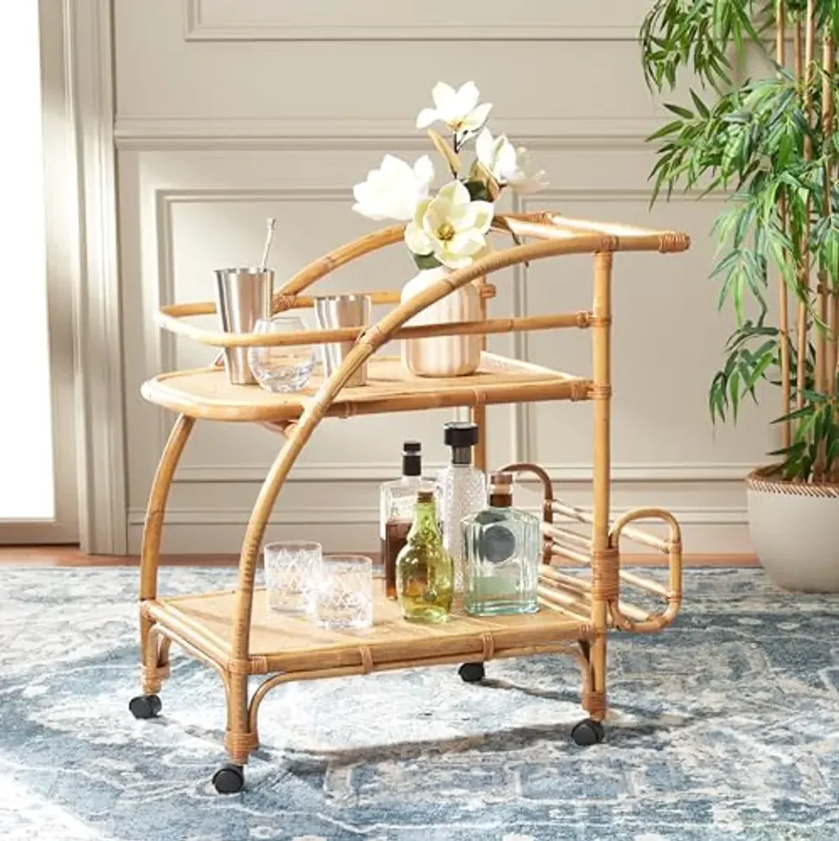 SAFAVIEH Home Collection Treise Tropical Coastal Natural Rattan 2-Tier Bar Cart with Wheels (Fully Assembled)