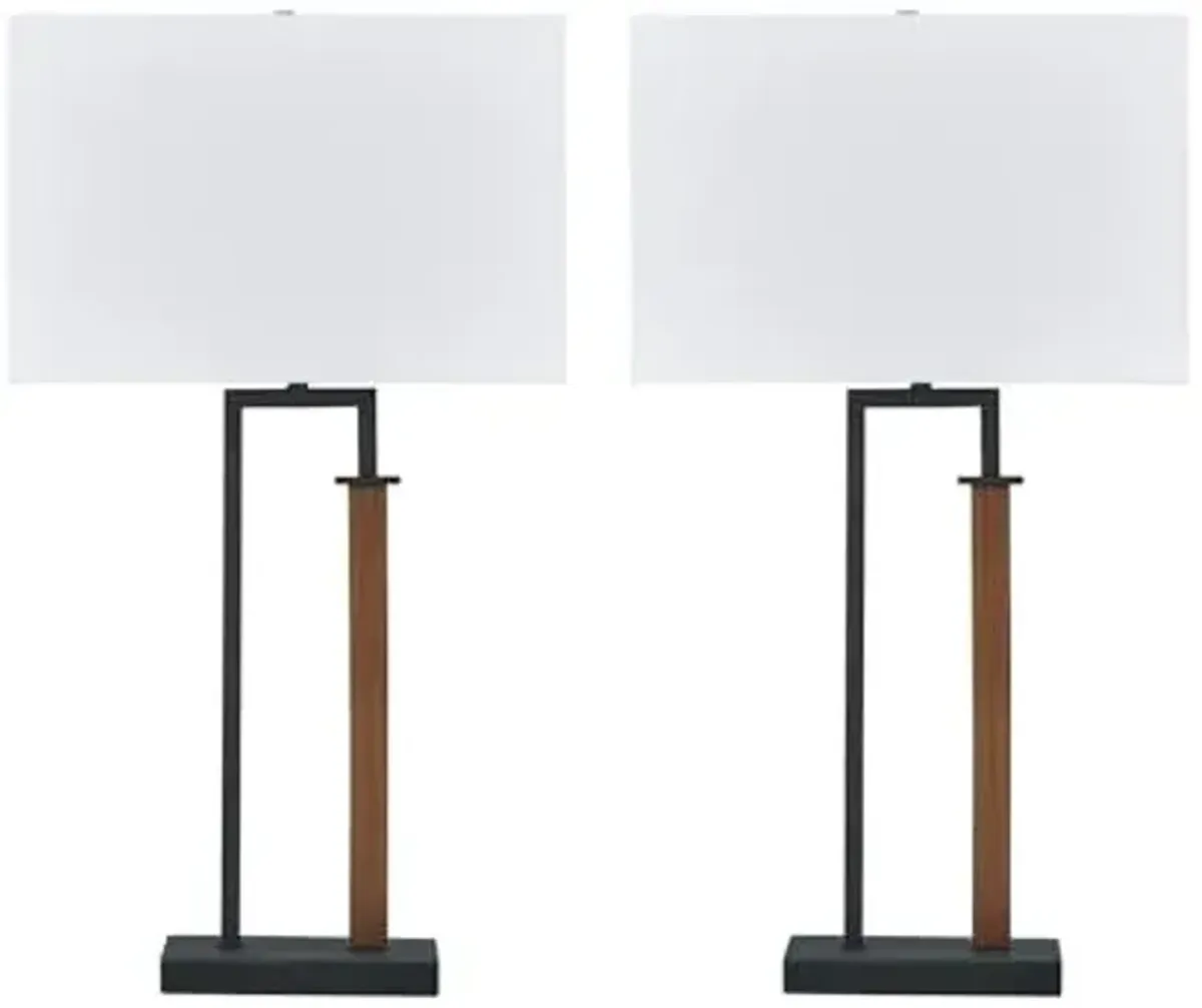 Signature Design by Ashley Voslen Minimalist Metal and Wood Table Lamp with 3-Way Switch, Set of 2, Black & Light Brown