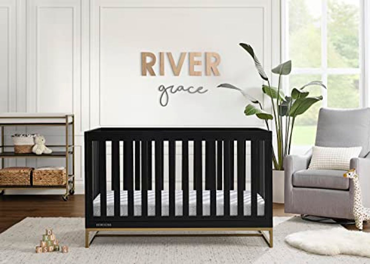 Delta Children Jade 4-in-1 Convertible Crib - Greenguard Gold Certified, Ebony/Bronze + Jade 6 Drawer Dresser with Interlock Drawer System, Black Ebony/Melted Bronze (Bundle)