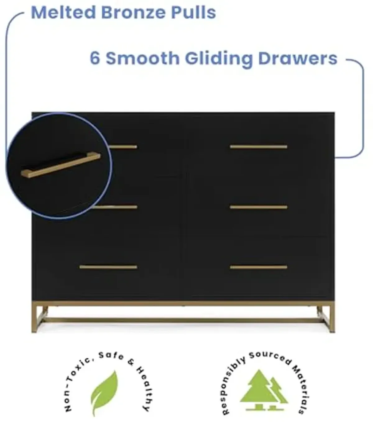 Delta Children Jade 4-in-1 Convertible Crib - Greenguard Gold Certified, Ebony/Bronze + Jade 6 Drawer Dresser with Interlock Drawer System, Black Ebony/Melted Bronze (Bundle)