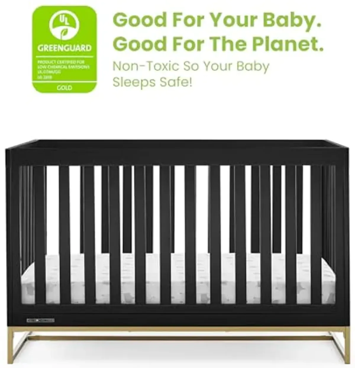 Delta Children Jade 4-in-1 Convertible Crib - Greenguard Gold Certified, Ebony/Bronze + Jade 6 Drawer Dresser with Interlock Drawer System, Black Ebony/Melted Bronze (Bundle)