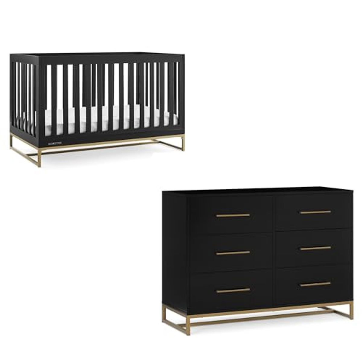 Delta Children Jade 4-in-1 Convertible Crib - Greenguard Gold Certified, Ebony/Bronze + Jade 6 Drawer Dresser with Interlock Drawer System, Black Ebony/Melted Bronze (Bundle)